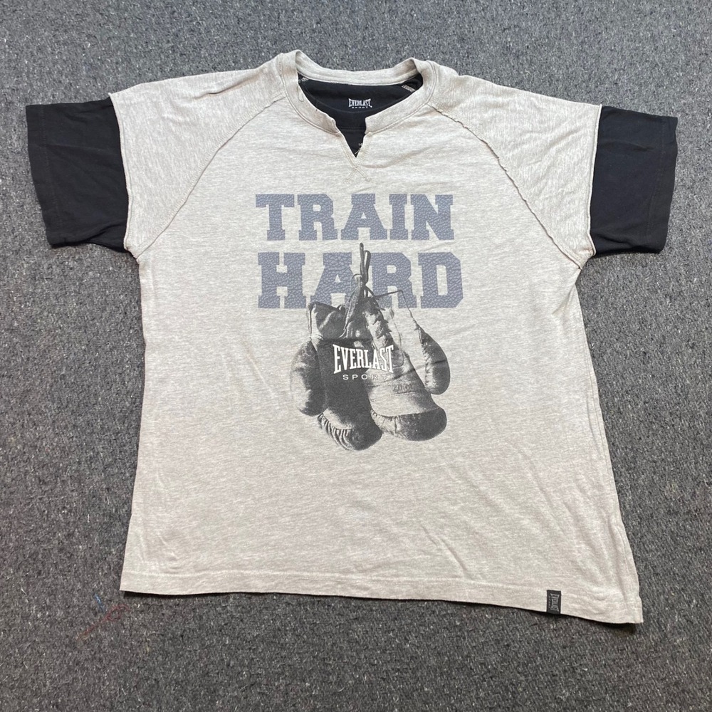 Everlast Sport Train Hard TShirt Sz L Mens Gray Black Grunge Boxing Gym Graphic